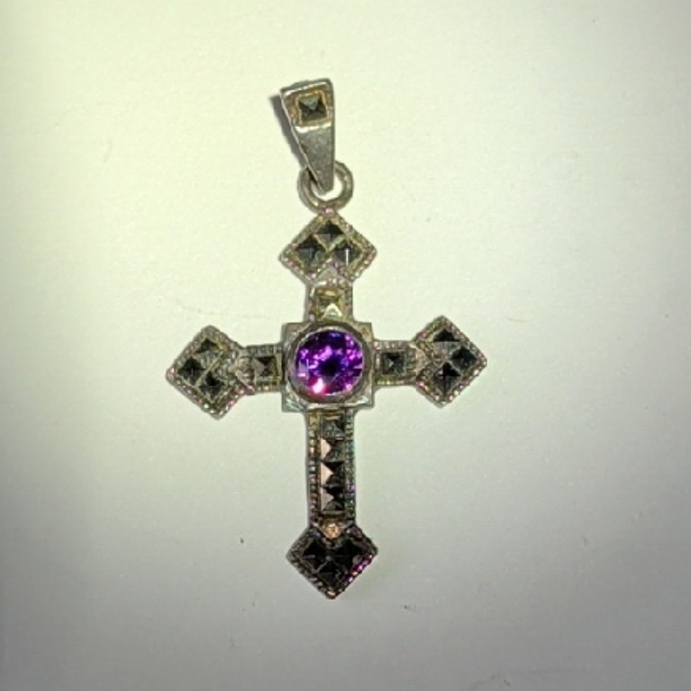 Vintage Sterling Silver Cross Pendant with Purple Accents
